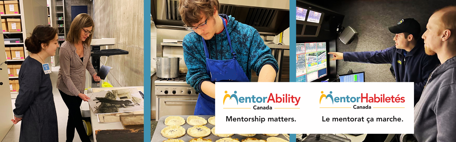 Two people with medium-length brown hair examine an archival photo. A person with short brown hair wearing glasses and a blue works on a large tray of pies. Two people with very short hair examine a display console. MentorAbility, Mentorship Matters.
