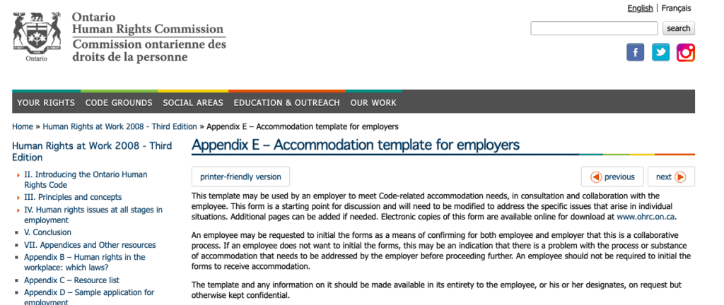 Accommodation template for employers