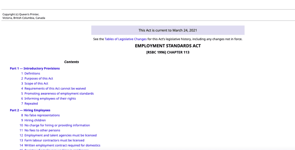 B.C. Employment Standards Act