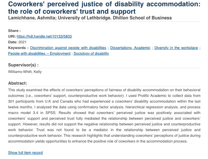 Coworkers' perceived justice of disability accommodation: the role of coworkers' trust and support