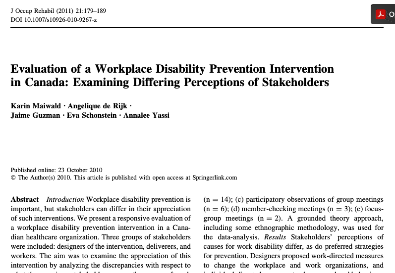 Evaluation of a Workplace Disability Prevention Intervention in Canada