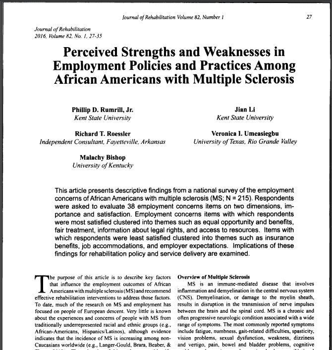 Perceived Strengths and Weaknesses in Employment Policies and Practices Among African Americans with Multiple Sclerosis
