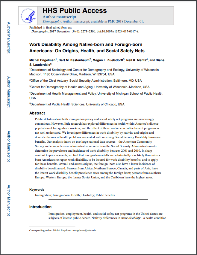 Work Disability Among Native-born and Foreign-born Americans. On Origins, Health, and Social Safety Nets