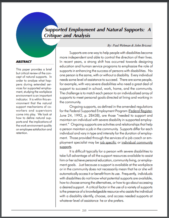 Supported Employment and Natural Supports: A Critique and Analysis