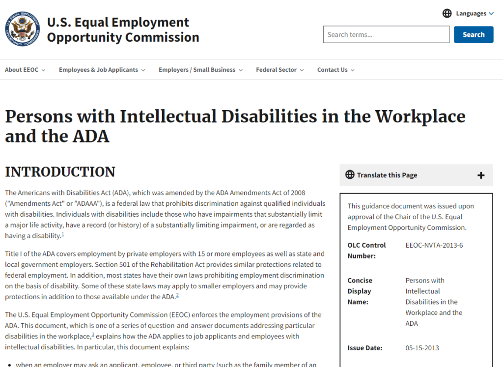 Persons with Intellectual Disabilities in the Workplace and the ADA