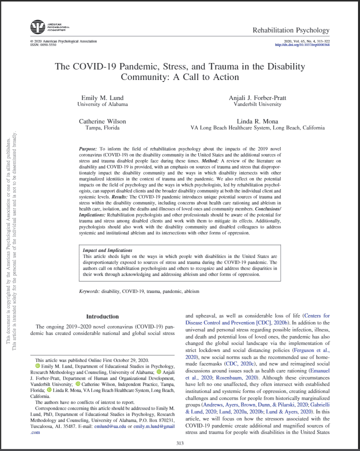 The COVID-19 Pandemic, Stress, and Trauma in the DisabilityCommunity: A Call to Action