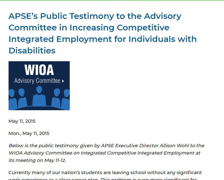 APSE’s Public Testimony to the Advisory Committee in Increasing Competitive Integrated Employment for Individuals with Disabilities