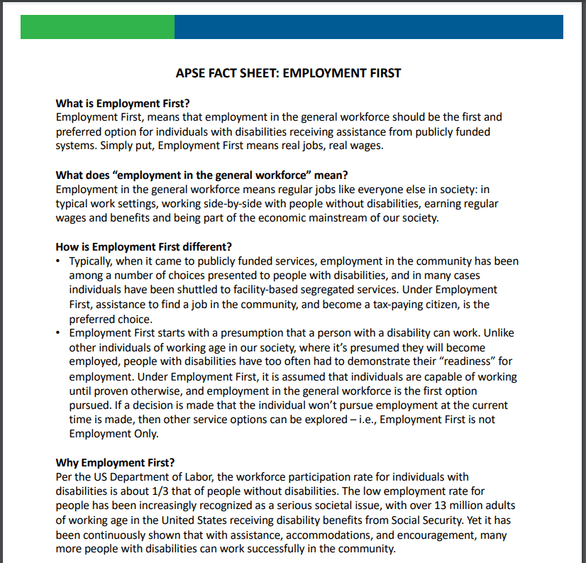 APSE Fact Sheet: Employment First