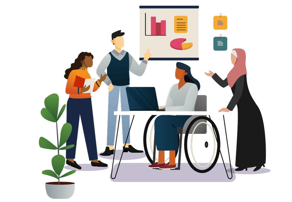 Icon - four people in a workplace, one using a wheelchair, three with medium skin.