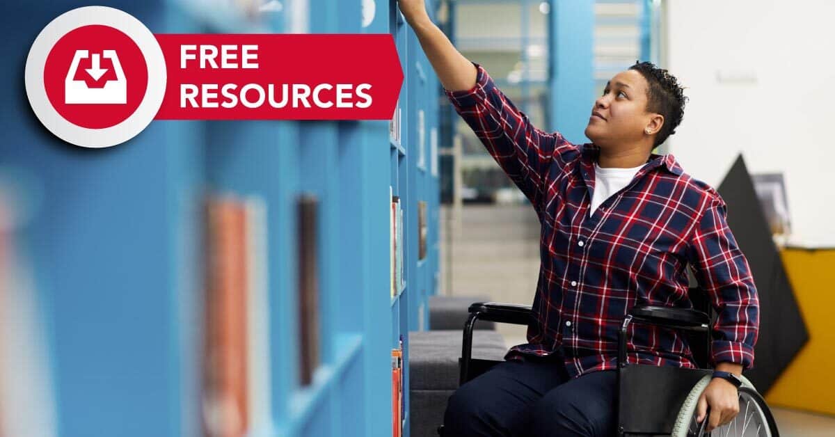 man in wheelchair grabbing a book with Free resources text on a red background next to a download icon