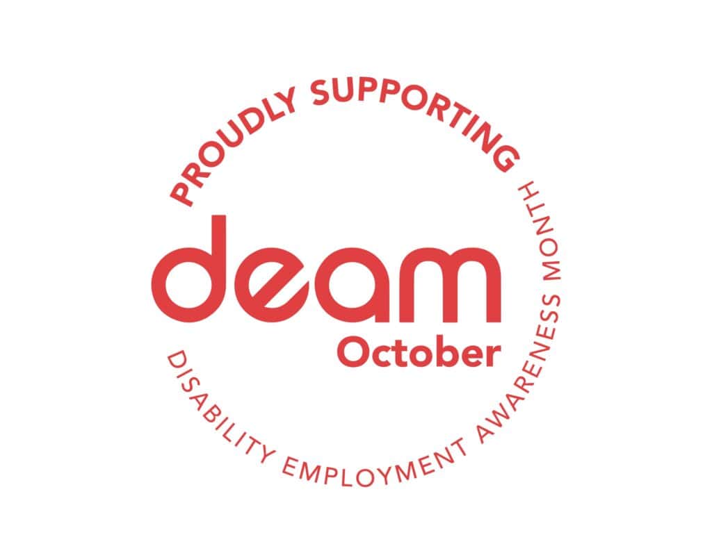Logo DEAM : Nous soutenons fièrement le Mois de sensibilisation à l'emploi des personnes handicapées - DEAM octobre.