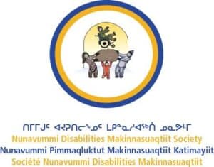Logo for Nunavummi Disabilities Makinnasuaqtiit Society (NDMS). Two adults and a child dressed in traditional attire are holding a blanket in the air with which they are keeping a person using a wheelchair aloft. NDMS is written in four languages.