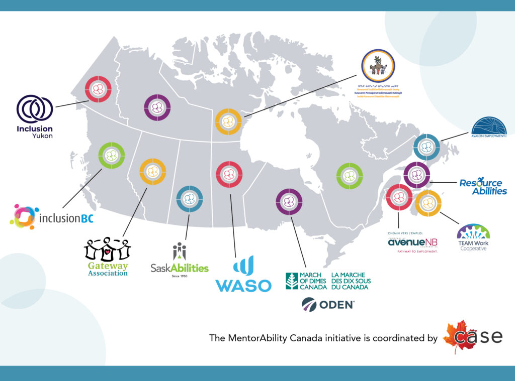 Carte du Canada avec les emplacements des centres MentorAbility dans chaque province/territoire.