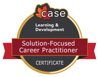 A digital micro-credentials badge. It is circular in shape. At the top is the CASE logo, a red maple leaf alongside the word CASE. The badge reads: Learning and Development, Solution-Focused Career Practitioner Certificate.