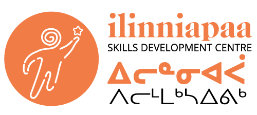 Logo - Ilinniapaa Skills Development Centre - also written in Inuktitut. An orange circle inside of which is a person with a spiral head that is reaching up with one hand to touch a star.