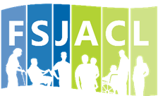 FSJACL logo. Blue and green slanted vertical rectangles, each containing a letter from the acronym and a white silhouette of a person/people experiencing disability.