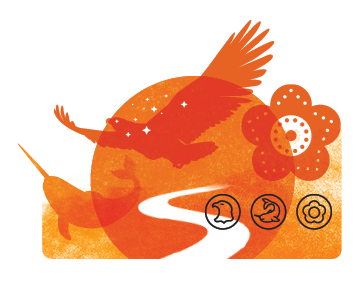 National Day of Truth and Reconciliation image: Orange colour is truth-telling/healing. Orange circle in centre represents being together in spirit of reconciliation. Orange smoke represents Indigenous traditions, spirituality, inclusion and diversity. White pathway in circle represents road to reconciliation. Eagle represents First Nations. White stars are children who never made it home from residential schools. Narwhal represents Inuit. Beaded flower represents Métis.