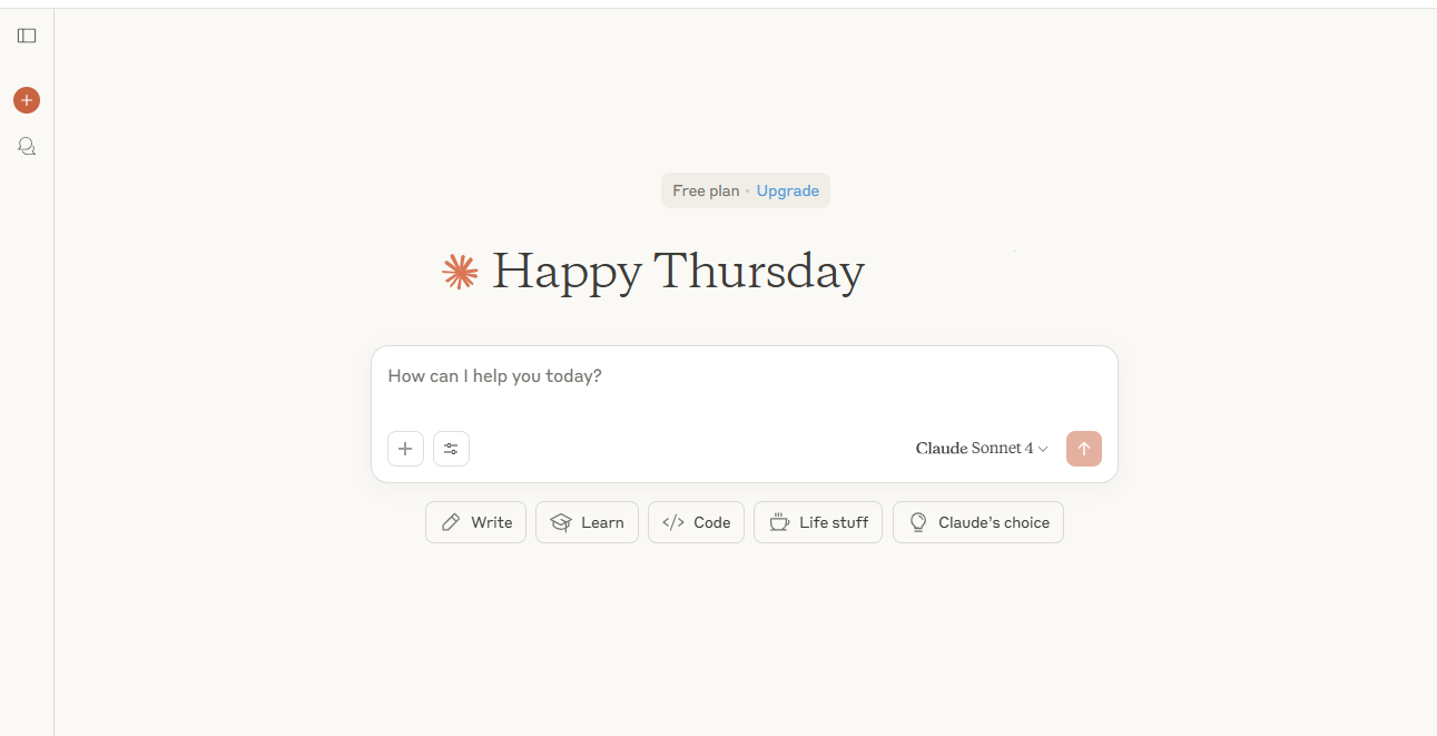 Welcome screen for free plan for Claude by Anthropic. Happy Thursday. How can I help you today? Write. Learn. Code. Life stuff. Claude's choice.