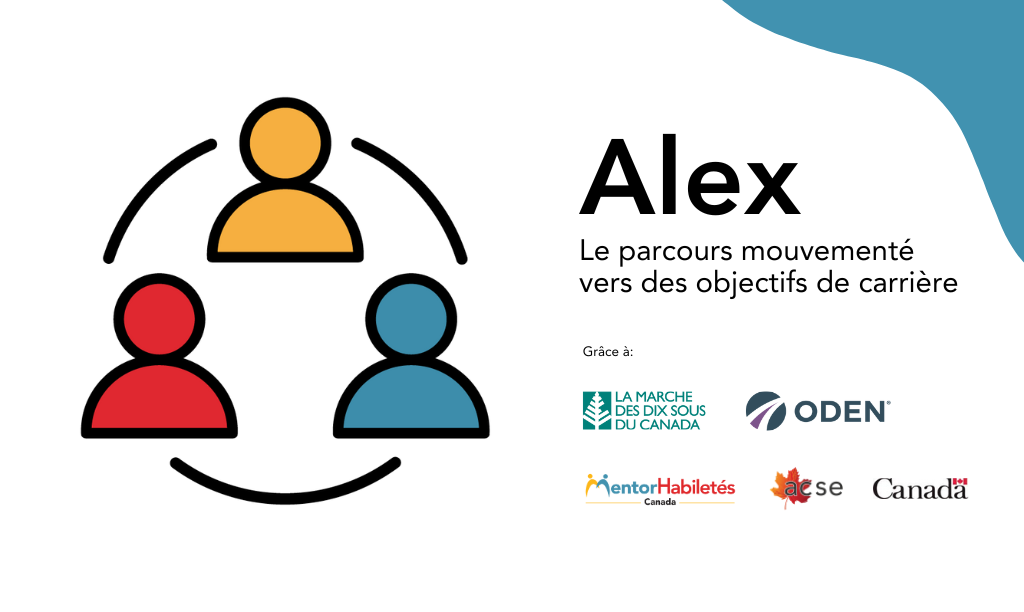 Alex : Le parcours mouvementé vers des objectifs de carrière. Grâce à: Facilitated by La Marche des dix sous du Canada. Logos: MentorHabiletés Canada, ACSE, Gouvernement du Canada.