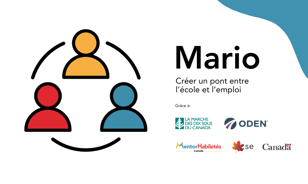 Mario : Créer un pont entre l'école et l'emploi. Grâce à : Animé par La Marche des dix sous du Canada. Logos : MentorHabiletés Canada, ACSE, Gouvernement du Canada.