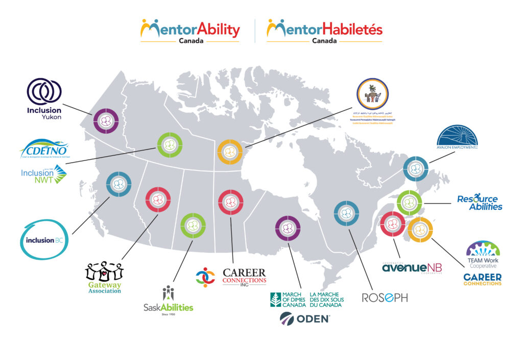 Map of Canada with logos for each MentorAbility Hub in their respective province or territory.