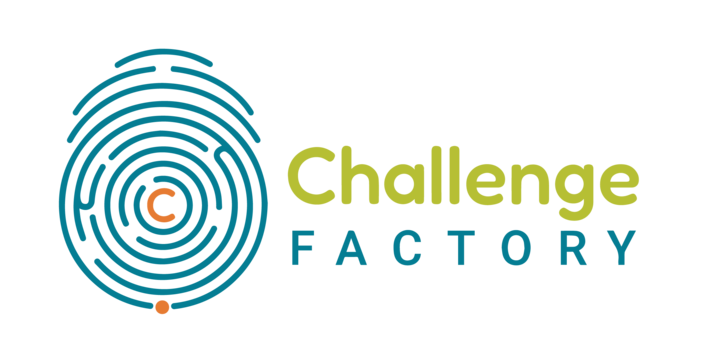 Challenge Factory logo - round maze like a fingerprint in blue with red C in middle