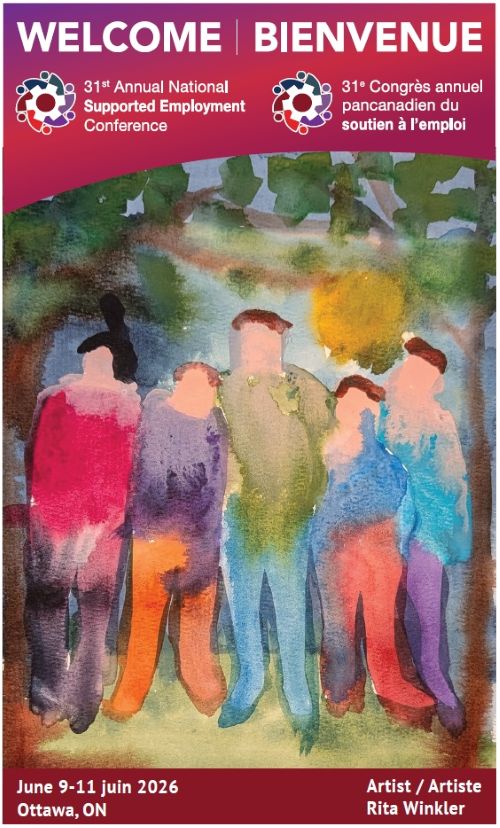 Welcome card for conference has a watercolour painting of five people standing together with a tree in the background.