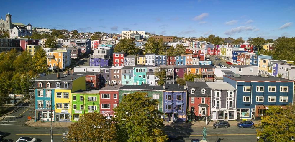 Aerial photo of downtown St. John’s with many colourful buildings.