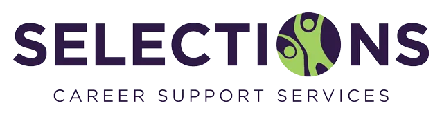 Selections Career Support Services logo. O in Selections has dark background with 2 green people jumping up.