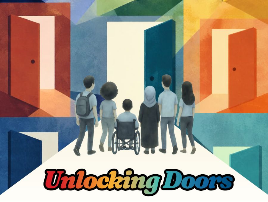 Part of cover - Unlocking Doors. 5 young people walking towards many doors of different colours.