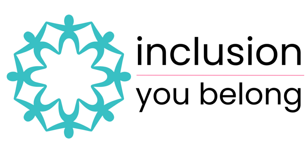 Powell River logo: inclusion - you belong. Teal people in a ring holding hands.