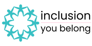 Powell River logo: inclusion - you belong. Teal people in a ring holding hands.
