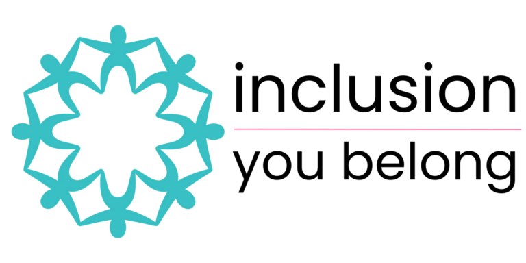 Powell River logo: inclusion - you belong. Teal people in a ring holding hands.