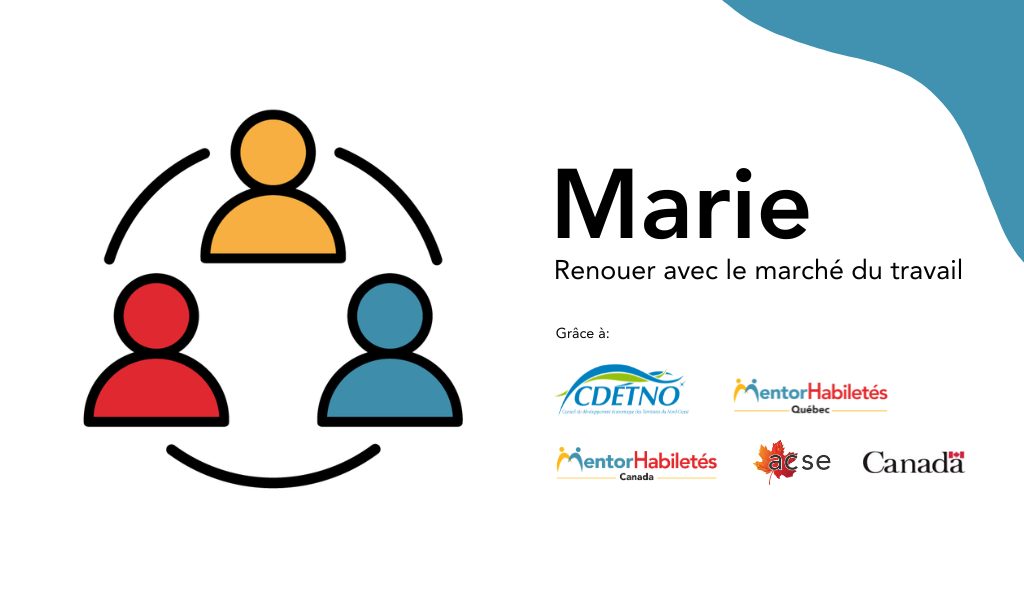 Marie: Reconnecting with the Workforce. Facilitated by CDETNO. Logos: MentorAbility Canada, the Canadian Association for Supported Employment and the Government of Canada.