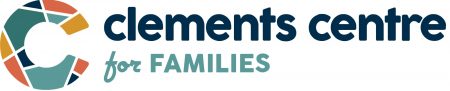 Logo: clements centre for FAMILIES. Thick letter "C" containing multiple shapes, each either teal, orange, yellow and dark blue.