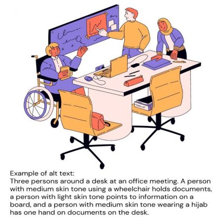 Example of alt text: Three persons around a desk at an office meeting. A person with medium skin tone using a wheelchair holds documents, a person with light skin tone points to information on a board, and a person with medium skin tone wearing a hijab has one hand on documents on the desk.