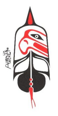 Logo for IDAM and Indigenous Disability Canada/BC Aboriginal Network on Disability Society (IDC/BCANDS) - Indigenous design in red/black of an eagle within a feather designed by Allan Thickfoot, a disabled Cree artist.