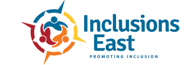 Inclusions East logo Inclusions East Logo. Promoting Inclusion.Three figures that are red, blue and orange in a circle. Red, blue, yellow and orange circle around them with four long arrows pointing outwards.