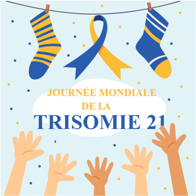 Journee mondiale de la trisomie 21 Journée mondiale de la trisomie 21. Des bas pendent d'une corde à linge. Des mains levées de teints variés sont en bas.