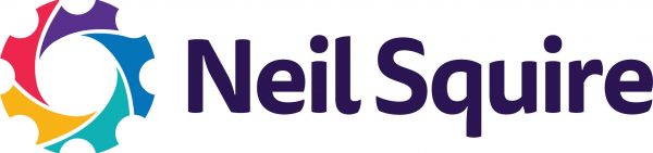 NeilSquire_Logo_Primary_RGB smaller Loog: Gear-like wheel with yellow, red, purple, blue and teal squared spikes. Neil Squire written to right of wheel in black.