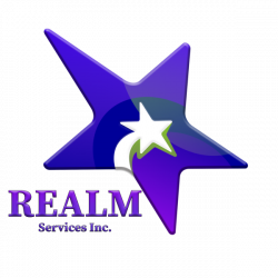 REALM Services Inc Logo smaller REAL Services Inc. logo: large blue and purple star on its side with one side pointing upwards and with a smaller white star with upward movement in its middle.