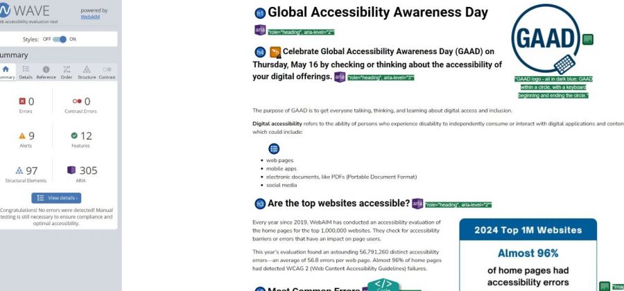 Screenshot of this post with summary of WAVE Evaluation Tool results on the left. 0 Errors. 0 Contrast Errors. 9 Alerts. 12 Features. 97 Structural Elements. 305 ARIA.