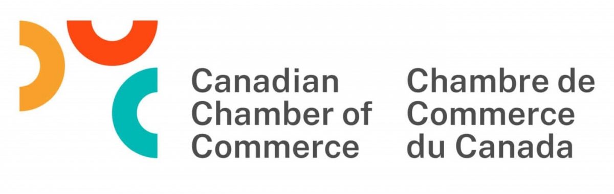 Logo: Canadian Chamber of Commerce/Chambre de Commerce du Canada. Backward yellow C on left, upside-down red C at top and green C at right form square to left of text.