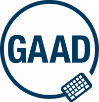 GAAD logo - all in dark blue: GAAD within a circle, with a keyboard beginning and ending the circle.